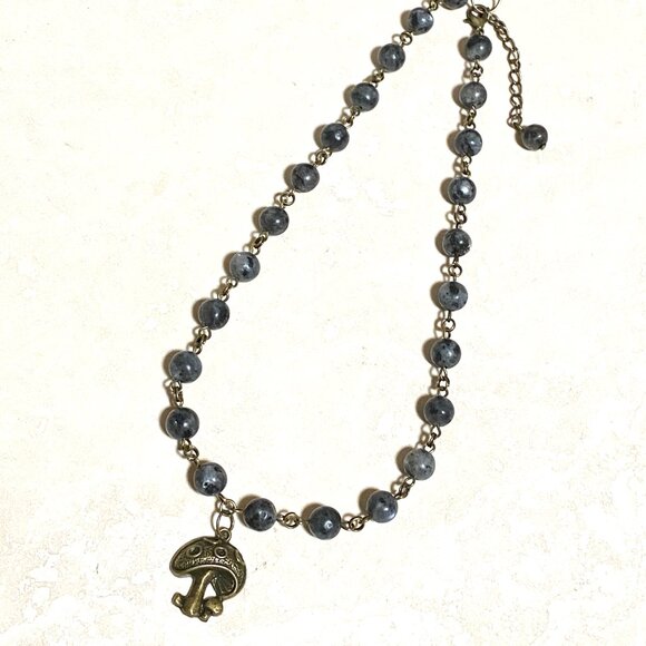 Natural Dark Larvikite Necklace, Bronze Round Mushroom+ Genuine Gemstone Choker - Picture 5 of 14